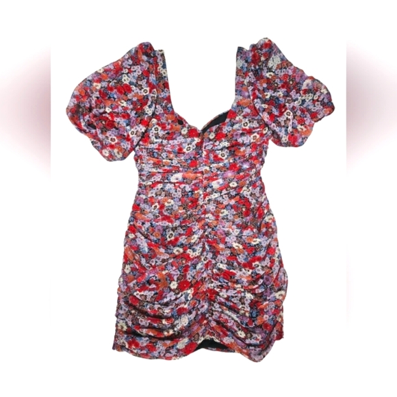 🆕️Zara Ruched Red Pink & Gold Ruched Puff Sleeve Mini Chiffon Draped Dress M - Picture 4 of 16